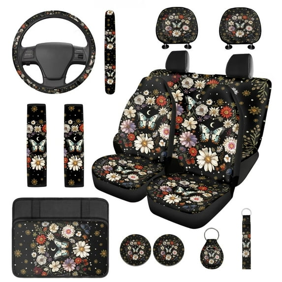 Pzuqiu 14 Pcs Interior Covers Easy Install Front Saddle Blanket Rear Split Bench Cover Steering Wheel Center Console Pad Shoulder Strap Pads Seat Headrest Coasters Keychain Floral Butterfly Moon