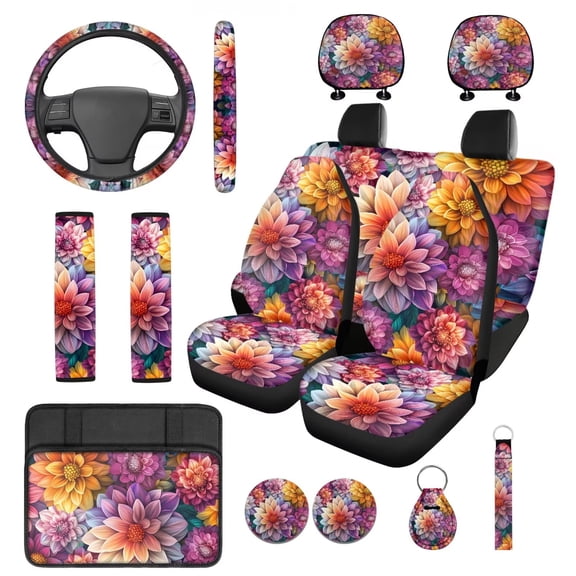 Pzuqiu 14 Pcs Interior Set Boho Flower Dahlia Pink Front Rear Seat Covers for Cars Steering Wheel Seat Belt Headrest Coasters Center Console Cushion Pad Key Chain Decorative Universal Fit Most Auto