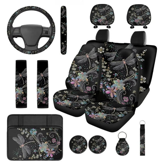 Pzuqiu 14 Pcs Interior Set Boho Flower Dragonfly Front Rear Seat Covers for Cars Steering Wheel Seat Belt Headrest Coasters Center Console Cushion Pad Key Chain Decorative Universal Fit Most Auto