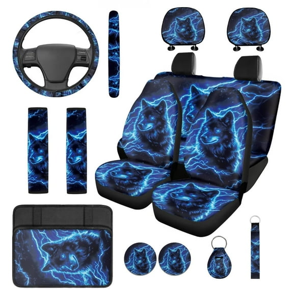 Pzuqiu 14 Pcs Interior Sets Front Rear Seat Covers for Cars Steering Wheel Seatbelt Cushion Arm Rest Pad Headrest Coasters Key Chain Wolf Blue Lightning Automotive Seat Cover Accessories Full Set