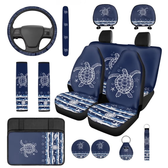 Pzuqiu 14 Pcs Sea Turtle Starfish Car Interior Sets Front Rear Seat Covers for Cars Steering Wheel Seatbelt Cushion Arm Rest Pad Headrest Coasters Key Chain Automotive Seat Cover Accessories Full Set