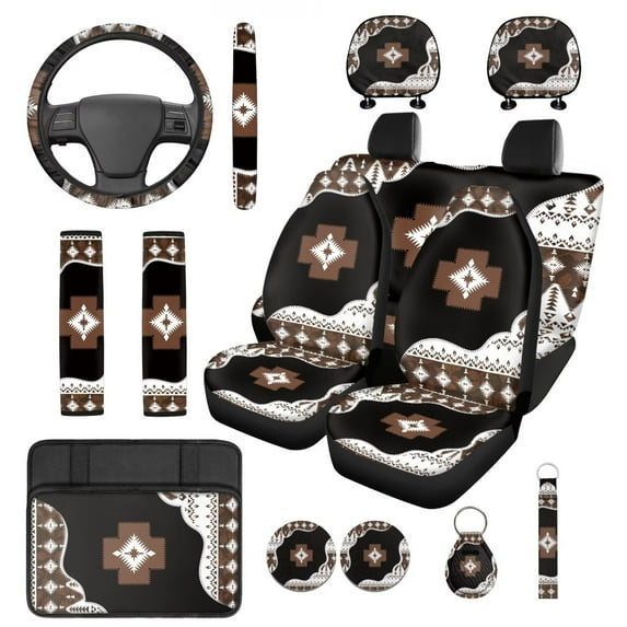 Pzuqiu 14 Pcs Set Automobile Interior Sets Covers Front and Rear Seat Cover for Cars Steering Wheel Seat Strap Pads Armrest Cushion Pad Headrest Coasters Keychain Ethnic Geometric Aztec Tribal