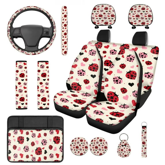Pzuqiu 14 Pcs Set Automobile Interior Sets Covers Front and Rear Seat Cover for Cars Steering Wheel Seat Strap Pads Armrest Cushion Pad Headrest Coasters Keychain Red Pink Ladybug