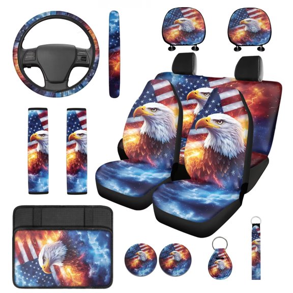 Pzuqiu 14Pcs Automobile Interior Sets Cars Front Rear Seat Covers Steering Wheel Seat Strap Pads Armrest Pad Headrest Covers Coasters Keychain Fit Most SUV Van Sedan Truck Eagle American Flag Fashion