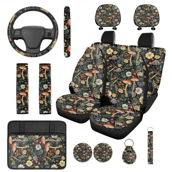 Pzuqiu 14Pcs Automobile Interior Sets Front Rear Seat Covers for Cars Steering Wheel Seat Strap Pads Armrest Pad Headrest Covers Coasters Keychain Fit Most SUV Van Sedan Truck Retro Mushroom