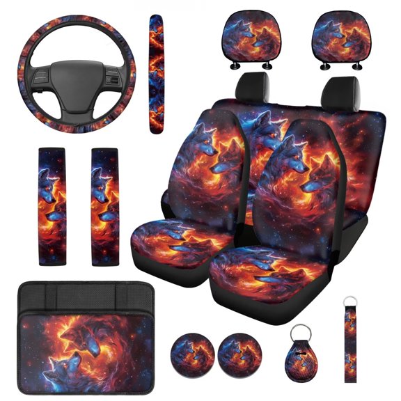 Pzuqiu 14Pcs Automobile Interior Sets Front Rear Seat Covers for Cars Steering Wheel Seat Strap Pads Armrest Pad Headrest Covers Coasters Keychain Fit Most SUV Van Sedan Truck Red Blue Flame Wolf