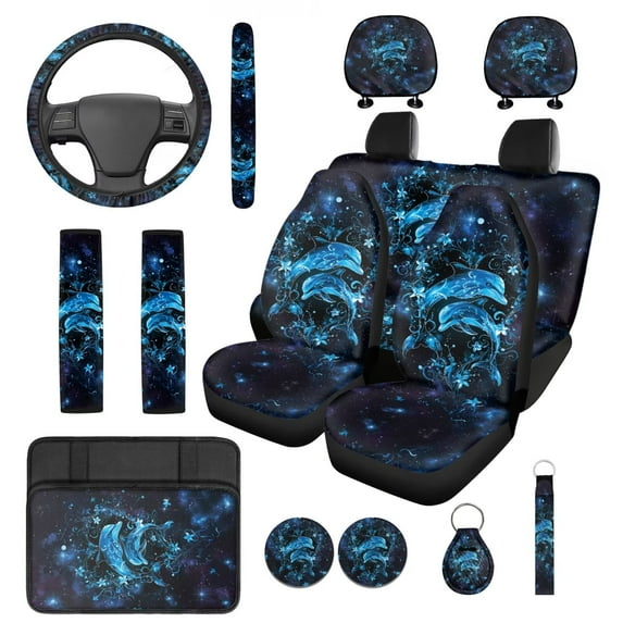 Pzuqiu 14Pcs Automobile Interior Sets Front Rear Seat Covers for Cars Steering Wheel Seat Strap Pads Armrest Pad Headrest Covers Coasters Keychain Fit Most SUV Van Sedan Truck Blue Dolphins