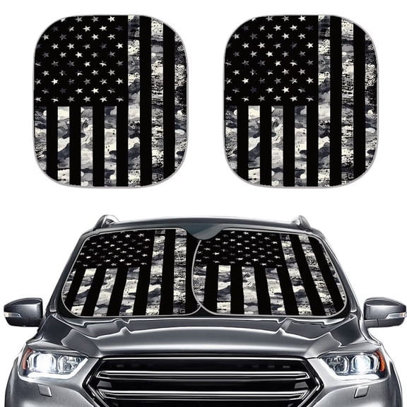 Pzuqiu 2 Pack Camo American Flag Auto Front Windshield Sun Shade Blocks UV Rays Keeps Vehicle Interior Cool Foldable Easy to Install Universal Fit for Most Sedans SUV Truck
