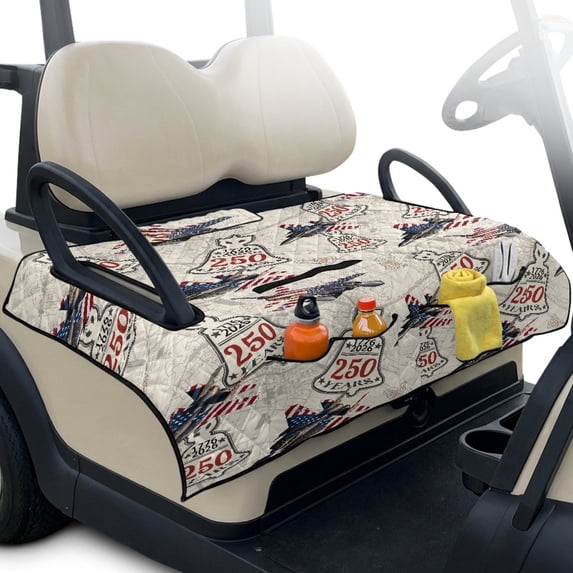 Pzuqiu 2-Person Quilted Golf Cart Seat Cover With 4 Pockets - Non Slip Universal Fit Patriotic Pattern Protector For Golfers