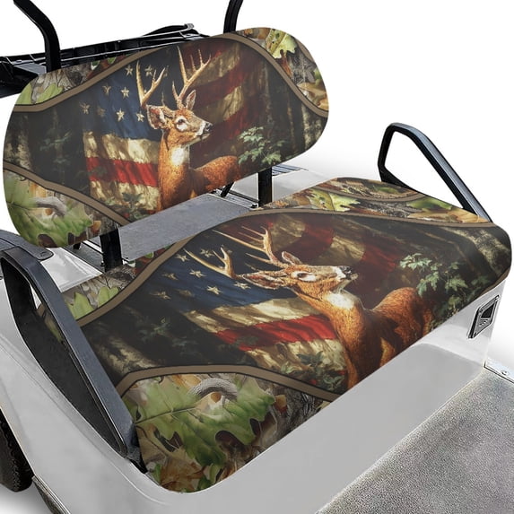 Pzuqiu 2-Piece Deer American Flag Golf Cart Seat Covers - Breathable Washable Universal Fit for Most 2-Seater Golf Carts, Hunting Gift