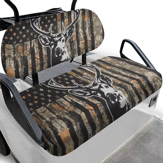 Pzuqiu 2-Piece Deer Camo Flag Golf Cart Seat Covers - Breathable Washable Universal Fit for Most 2-Seater Golf Carts, Hunting Style Gift