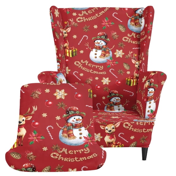 Pzuqiu 2 Piece Deer and Snowflake Wingback Chair Slipcover, Machine Washable Wingback Chair Cover Polyester Spandex Blend Wingback Armchair Cover for Home
