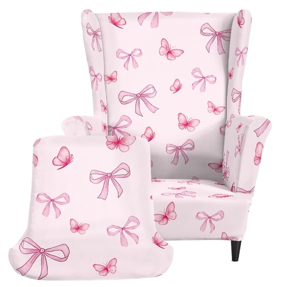 Pzuqiu 2 Piece Pink Bow Wingback Chair Cover, Stain Resistant Wingback Chair Slipcover Anti Slip Polyester Spandex Fabric Wingback Armchair Cover for Bedroom
