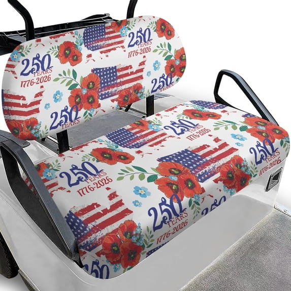 Pzuqiu 2-Piece Vintage US Flag Floral Golf Cart Seat Covers - 250th Anniversary 1776-2026 Edition, Stretch-Fit Protector for EZGO, Club Car & Yamaha
