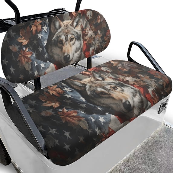 Pzuqiu 2 Piece Wolf American Flag Golf Cart Seat Covers - Breathable Washable Universal Fit for 2-Seater Golf Carts, Protective Durable Seat Covers