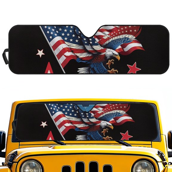 Pzuqiu 52.95" x 16.14" Keep Vehicle Cool Windshield Sun Shade, Foldable Windshield Sun Shield for Off-road Interior Auto, US Flag Eagle