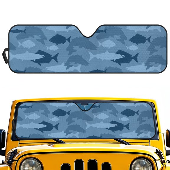 Pzuqiu 52.95"x16.14" Windshield Sun Shade with Fish Camo Pattern, Foldable Heat Reflect Sun Blocker for Off-road Vehicle Daily Travel