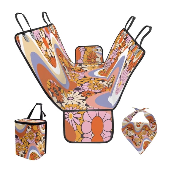 Pzuqiu Abstract Hippie Flowers Dog Seat Hammock Cover Car Truck Back Rear Protection with Pet Bandanas Foldable Hanging Car Trash Can for SUV,Sedan,Truck,Van