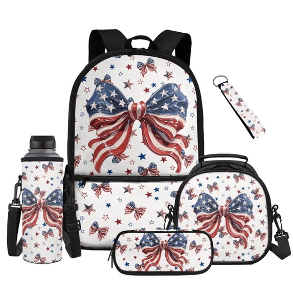 Pzuqiu American Flag Bow Backpack for Girls 6-8 with Lunch Box, Water Bottle Sleeve, Pencil Case & Keychain, 5-Piece Set Kawaii 17 Inch Large Capacity Bookbag for Back to School Supplies