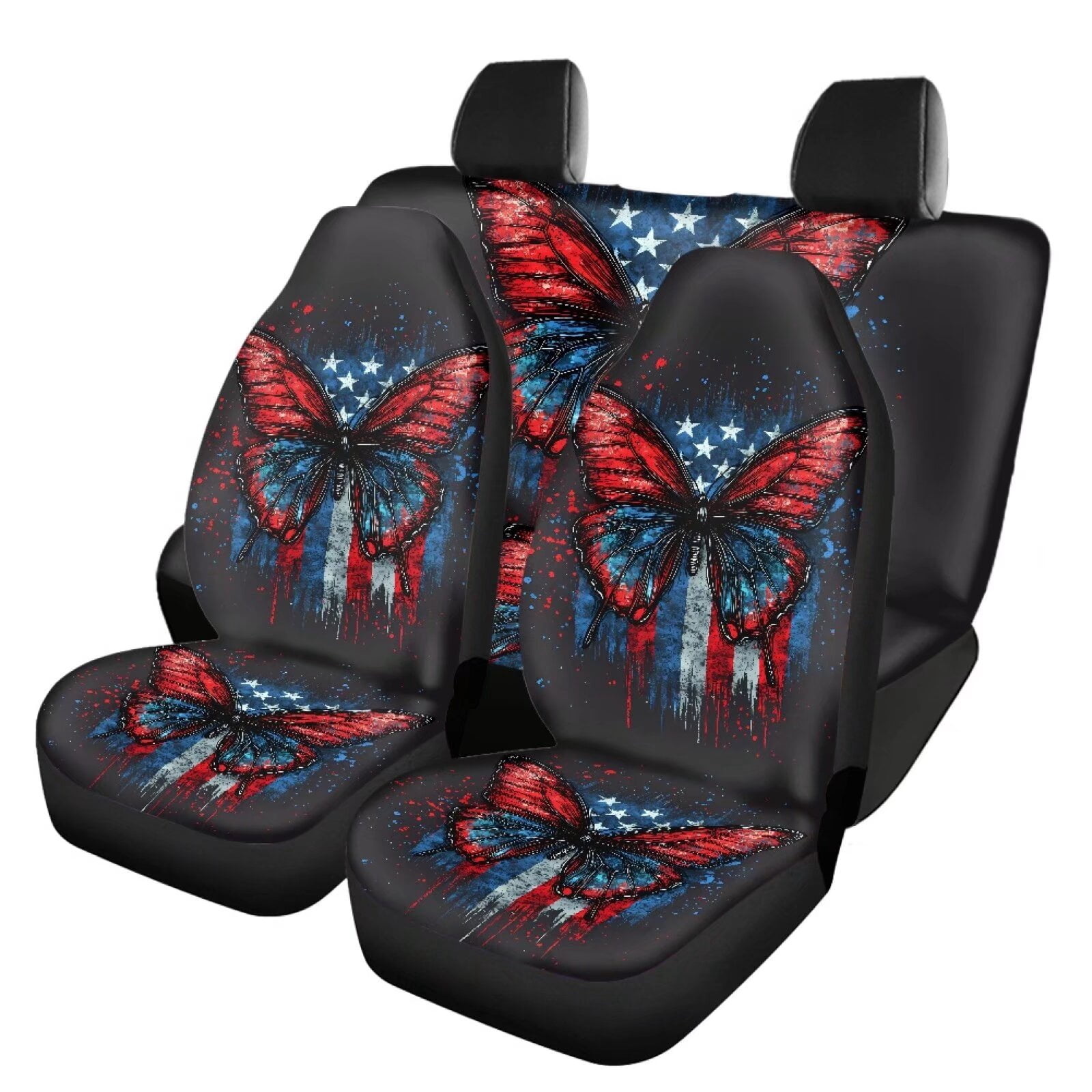 Pzuqiu American Flag Butterfly Seat Cover Sets Full Lightweight Full Wrapping Edge Seat Covers Easy to Install Car Interior Accessories Automotive Vehicle Cushion All Season Fit For Sedan