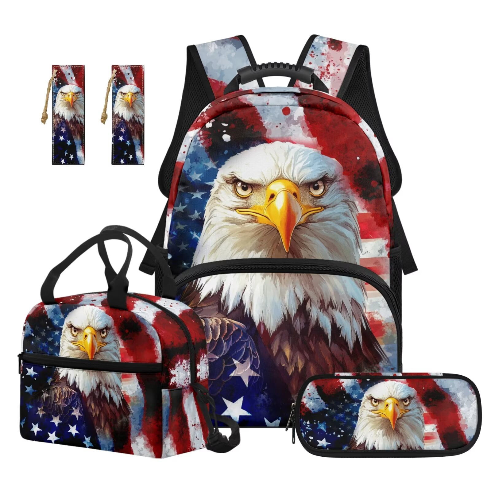 Pzuqiu American Flag Eagle Kids Backpack for Girls 4 Piece School Bookbag for Kids with Lunch Box Pencil Case 2pcs Bookmark 17 Inch Middle School Backpack Travel Rucksack