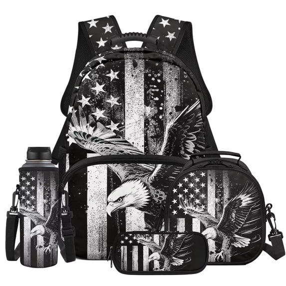 Pzuqiu American Flag Eagle School Backpack for Boys Kids Backpacks for Boys Backpack Lunch Box with Pencil Bag Water Bottle Holder, 17 Inch Travel Daypack Camping School Bag 4pcs