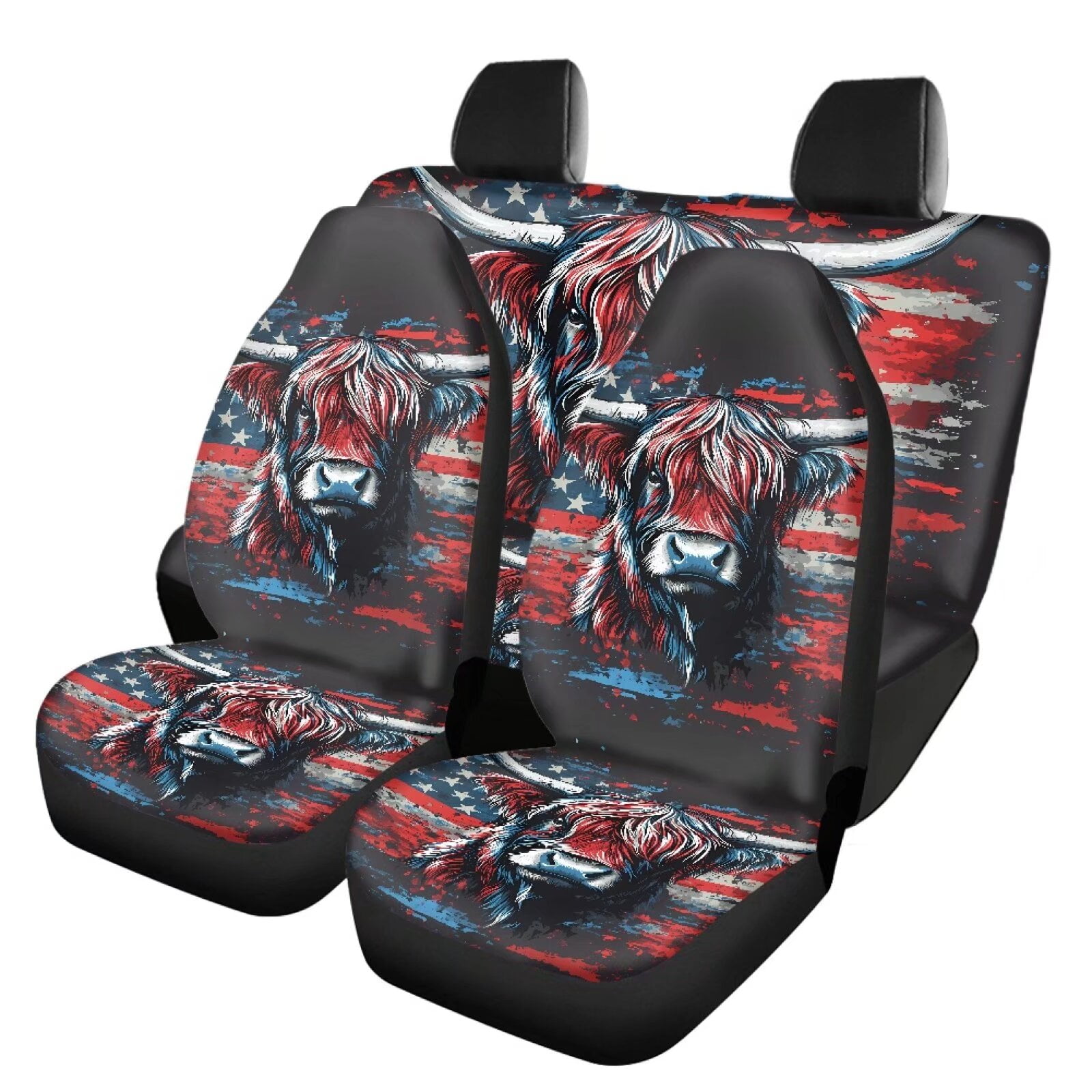 Pzuqiu American Flag Highland Cow Automotive Seat Covers Seat Cover Sets Fashion Full Car Interiors 4 Seats Car Seat Protector Automotive Vehicle Cushion Print for Cars Truck Universal Fit Set