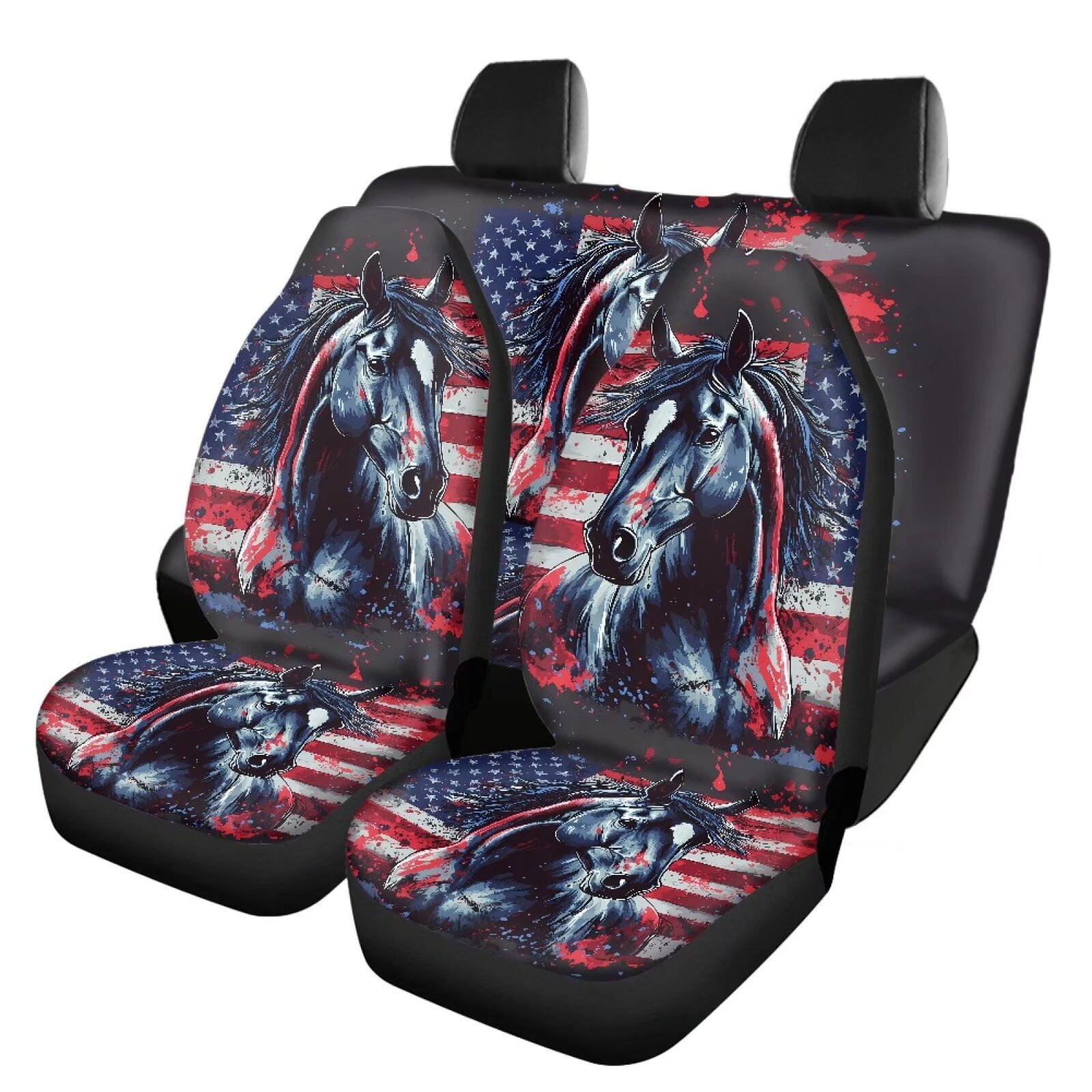 Pzuqiu American Flag Horse Car Seat Cover Seat Cover Sets Full Easy to Install Full Wrapping Edge Seat Covers Decor Accessories Polyester Car Seat Protectors for Most Cars Sedans Trucks