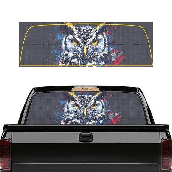 Pzuqiu American Flag Owl Print Vinyl Pickup Car Window Stickers, 66.9 x 22.4 Inches Waterproof FadeResistant Back Window Decal for Most Models