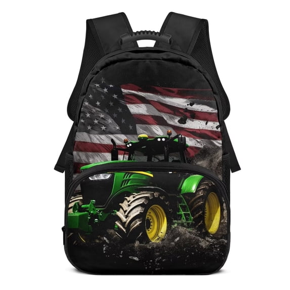 Pzuqiu American Flag Tractor Custom 17 Inch Backpack for Kids Personalized with Name Large Capacity Durable Bookbag Adjustable Straps Customized for Elementary Middle School