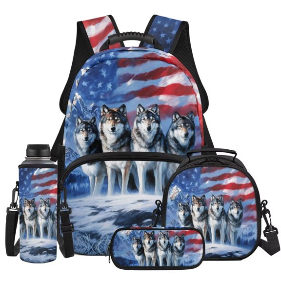 Pzuqiu American Flag Wolf 4 Pieces Backpack Set with Insulated Lunch Box Water Bottle Bag Pencil Case Lightweight School Bags Set Bookbags for Kids Back to School