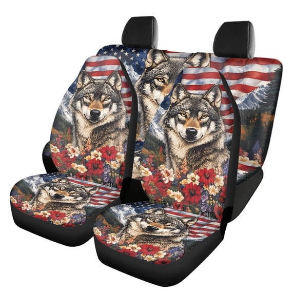 Pzuqiu American Flag Wolf Pattern Full Set Car Seat Cover Sets, Dustproof Accessories Durable Fit for Trucks