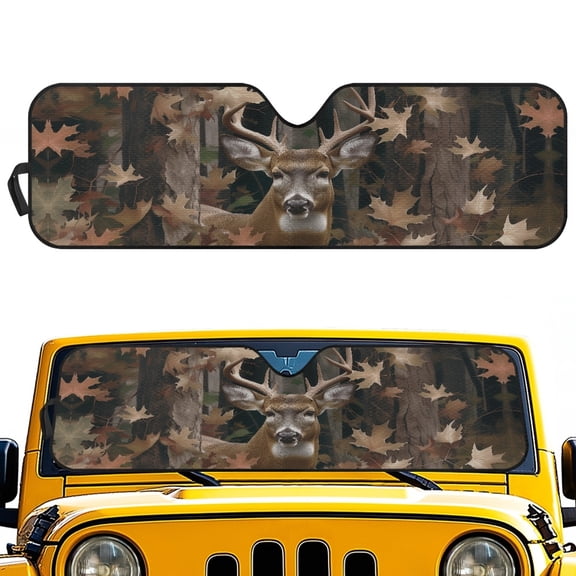 Pzuqiu Anti Ultraviolet Windshield Sunshade with Forest Deer Pattern, Car Windshield Sun Shade for Off road Vehicle Interior Protection