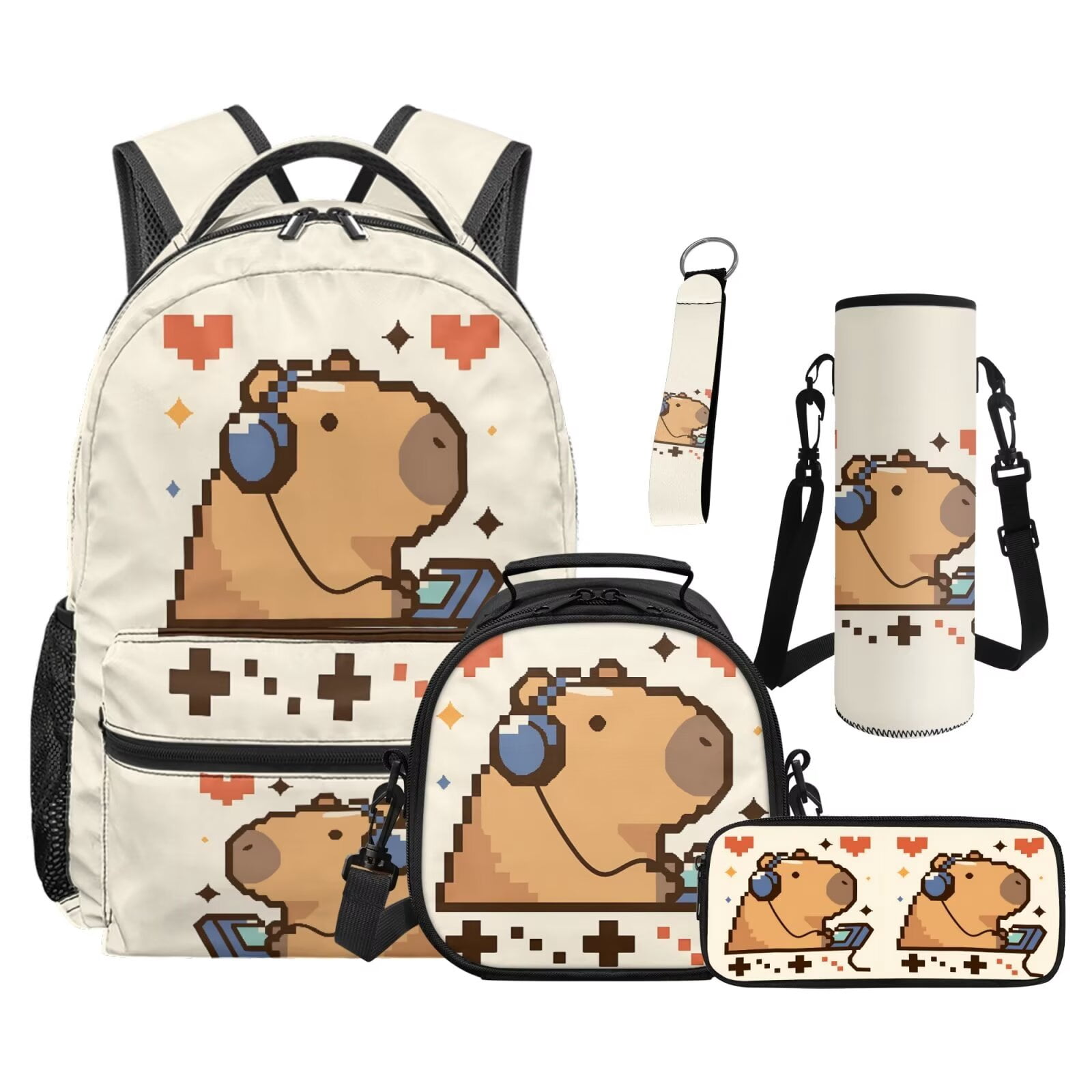 Pzuqiu Art Capybara Girls Backpack with Lunch Box Water Bottle Bag Kawaii Backpacks for School Girls with Adjustable Shoulder Strap, 5 pcs Kawaii Large Capacity Student Bag