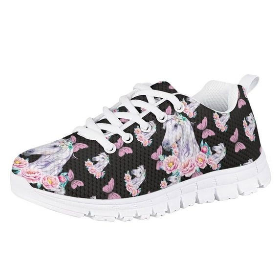 Pzuqiu Art Floral Horse Girls Tennis Shoes Size 5 Big Girls Butterfly Sneakers Black Lace Up Breathable Running Shoes Lightweight Causal Walking Shoes