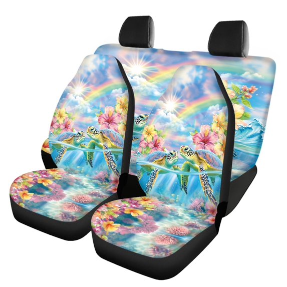 Pzuqiu Automotive Vehicle Cushion Full Set Polyester, Compatible with Auto Seats SUV Seats, for Truck Cars, Underwater Sea Turtle & Hibiscus Floral Print
