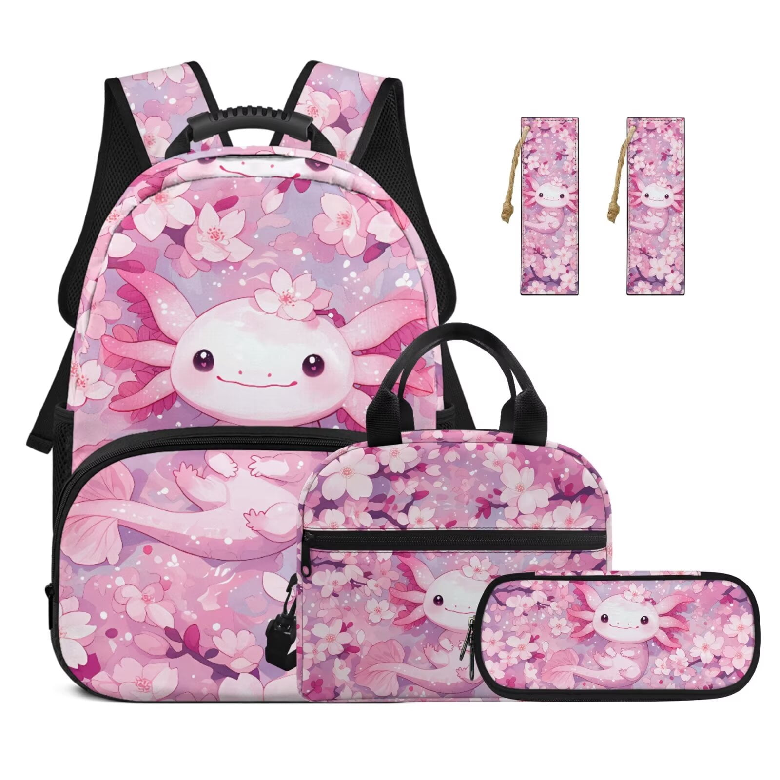 Pzuqiu Axolotl Cherry Blossom Girls Backpack with Lunch Box Pencil Case 2pcs Bookmark Back Pack for School Girls Kids 17 Inch Backpacks Kawaii Casual Travel Daypack for Kids,4pcs