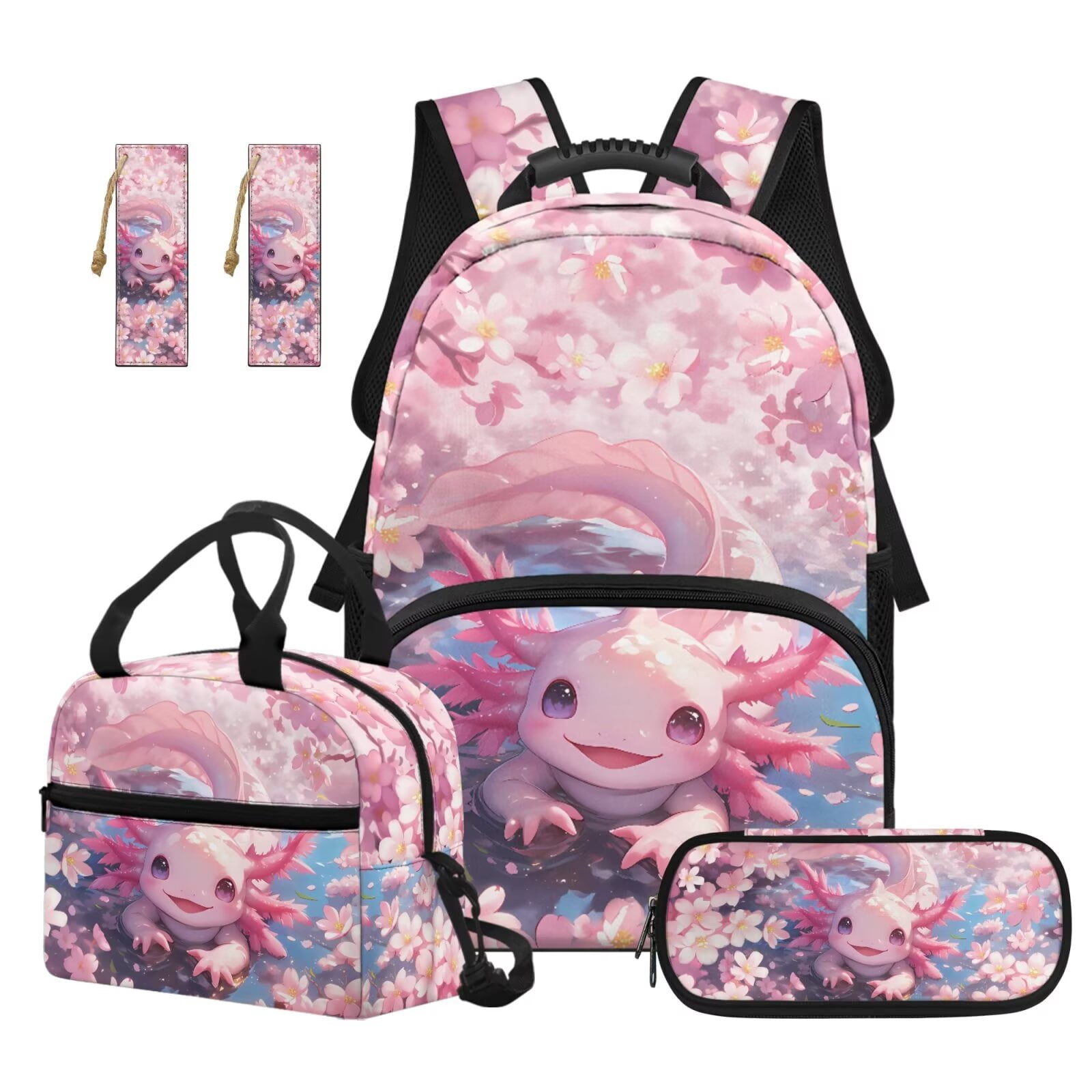 Pzuqiu Axolotl Cherry Blossom Kawaii Backpack for School Girls 4 Pcs Backpacks with Lunch Box Pencil Case 2pcs Bookmark Large Travel Rucksack 17 Inch Bookbags School Bag Set