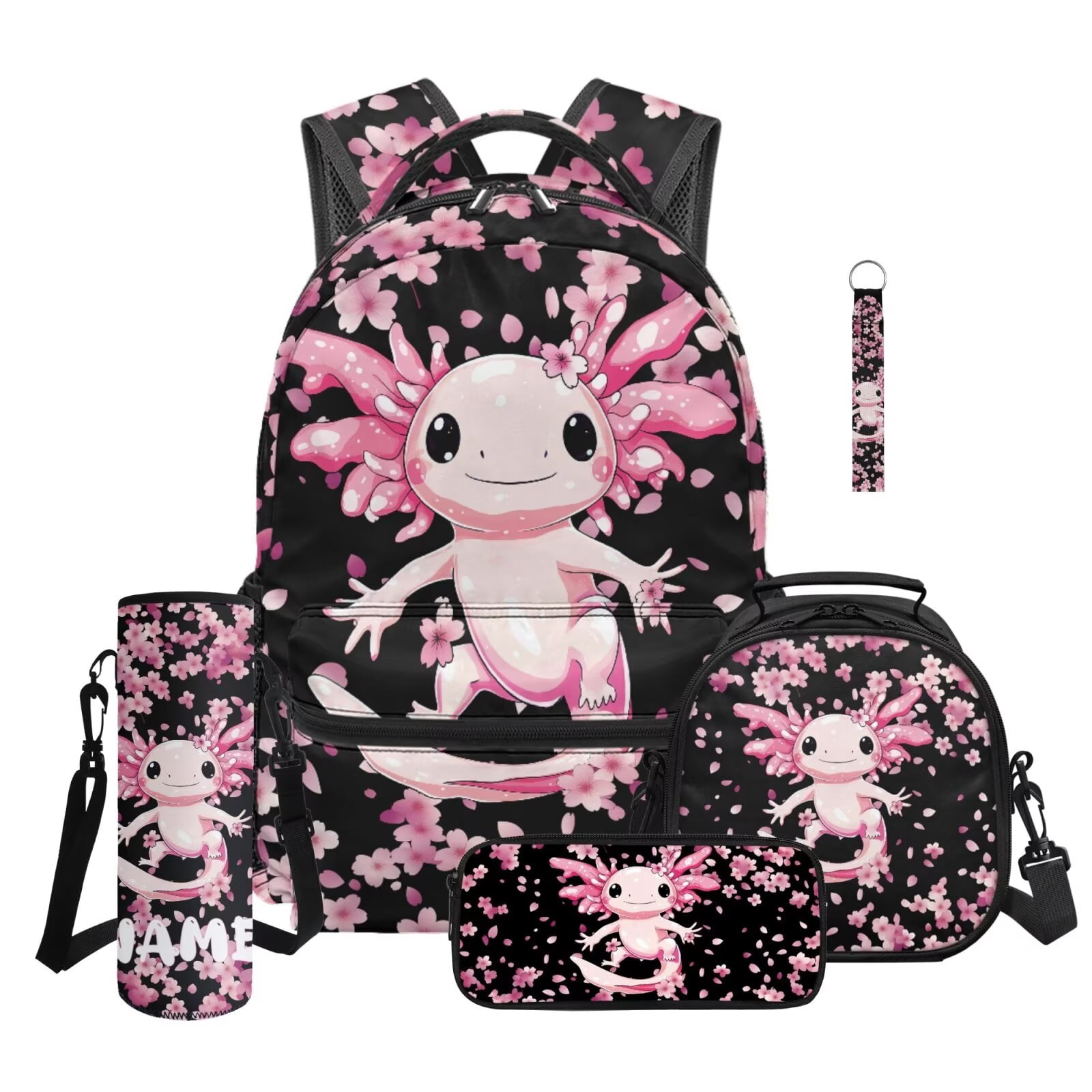 Pzuqiu Axolotl Cherry Blossom Kids Backpack School Bag Set with Lunch Box Pencil Case Water Bottle Bag 5 Piece Bookbags with Adjustable Shoulder Strap for Girls Teens