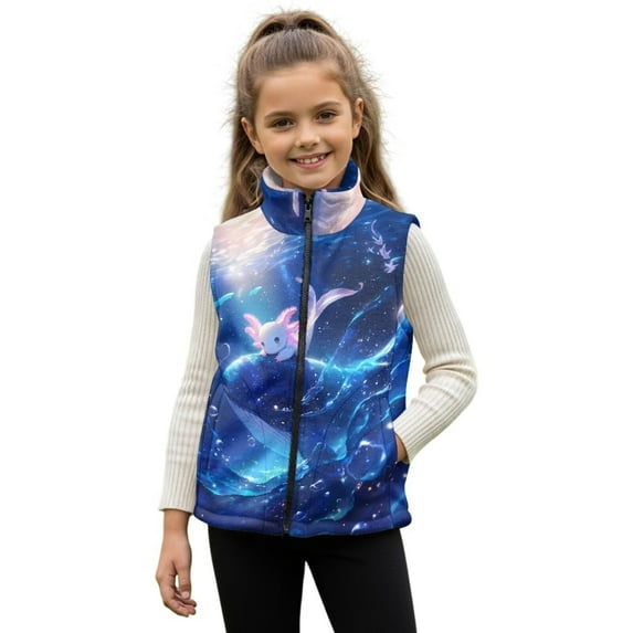 Pzuqiu Axolotl Girl Outerwear Vest Size 9-10 Lightweight Zipper Winter Sleeveless Jacket with Pockets Fleece Soft Warm Sleeveless Jacket for Spring Fall Fall Outfits for Girls