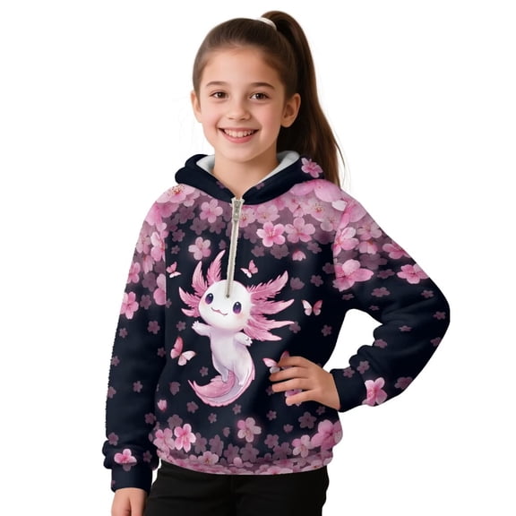 Pzuqiu Axolotl Girls Hoodies Sweatshirts Size 10-11 Warm Fleece Children's Long Sleeve Sweatshirt Wind Proof Stretchy Fall Outerwear Versatile Personalized Fashion for Daily Wear