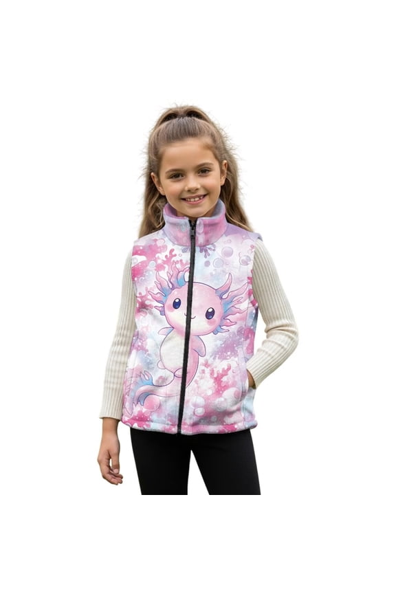 Axolotl Girls Sleeveless Vest Comfortable Vest Zip Up Sleeveless for Girl Practical Fall Winter Warm Outerwear With Pockets Personalized Casual Clothes for Girls 3T