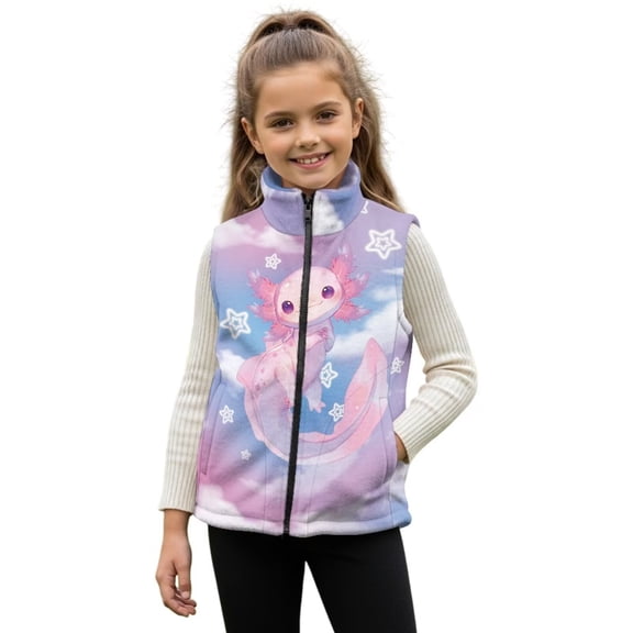Pzuqiu Axolotl Girls Sleeveless Vests 9-10 Toddler Girl Clothes Personalized Full Zip Winter Lightweight Sleeveless Fleece Jacket with Pocket Casual Practical for Daily Life
