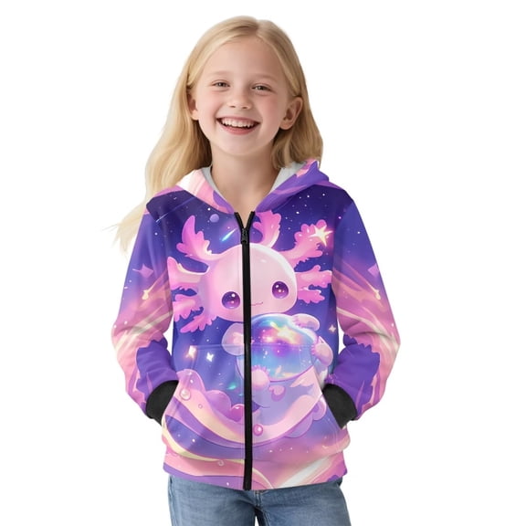Pzuqiu Axolotl Hoodies for Girls 6-7 Comfortable Full Zip Children's Long Sleeve Sweatshirt Warm Stretchy Elastic with Pockets Suitable for Daily Wear School Sport Vacation