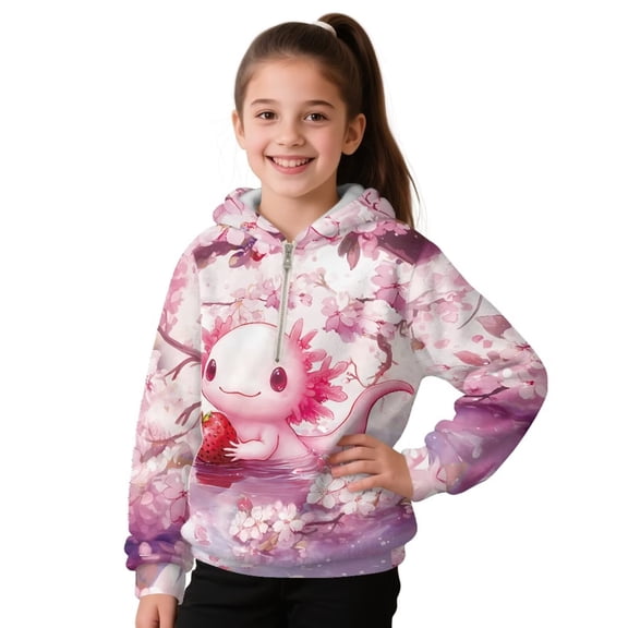 Pzuqiu Axolotl Hoodies for Teen Girls Size 4-5 Comfortable Fleece Long Sleeve Kids Personalized Fall Outfits Fashion Clothing Stretchy Casual Clothes for Girls