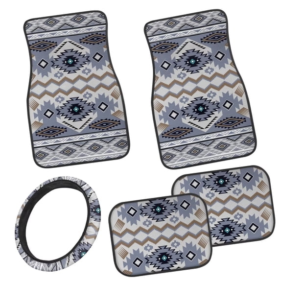 Pzuqiu Aztec Geometric Car Floor Mats with Car Steering Wheel Cover 5 Pcs Full Set Front & Rear Floor Mats with Anti-Slip Pad All Weather Removable Automotive Accessories for Car