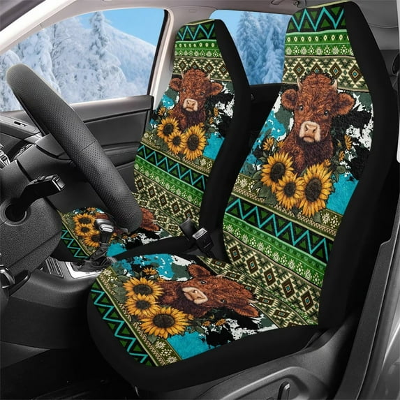 Pzuqiu Aztec Highland Cow Car Front Seat Cover Soft Comfortable Car Seats Covers Front Seats Only Easy to Install Anti-Slip Auto Interior Covers Full Coverage Universal Fit for Cars SUV