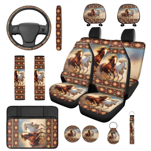 Pzuqiu Aztec Running Horse 14 Pcs Car Interior Sets Front Rear Seat Covers for Cars Steering Wheel Seatbelt Cushion Arm Rest Pad Headrest Coasters Key Chain Automotive Seat Cover Accessories Full Set