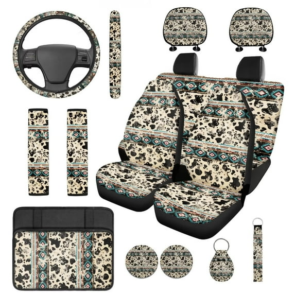 Pzuqiu Aztec Tribal Cow Spot Car Seat Covers Full Set Steering Wheel Seatbelt Headrest Coasters Center Console Cushion Pad Keychain 14 Pieces Interior Vehicle Accessories Universal All Season