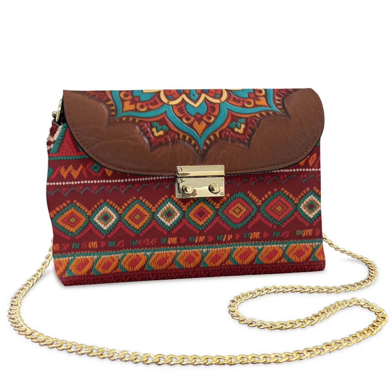 Pzuqiu Aztec Tribal Leather Crossbody Bags for Women Minimalist Vintage Leather Quilted Shoulder Bag with Chain Strap Craftsmanship for Party and Special Occasions